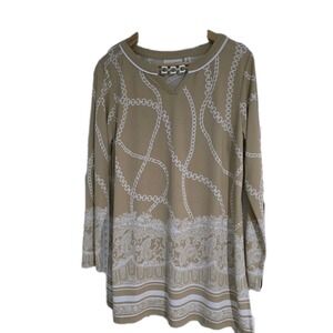 Susan Graver QVC Beige White Chains Liquid Knit Long Sleeve Shirt Tunic Med‎